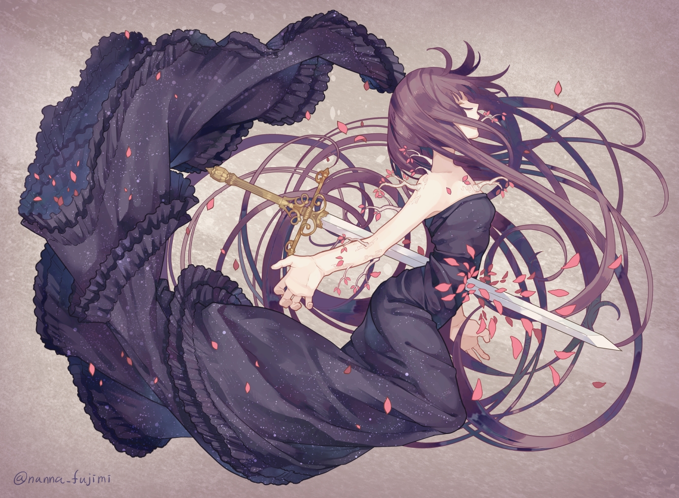 778-go, black_hair, dress, long_hair, original, petals, signed, sword, weapon