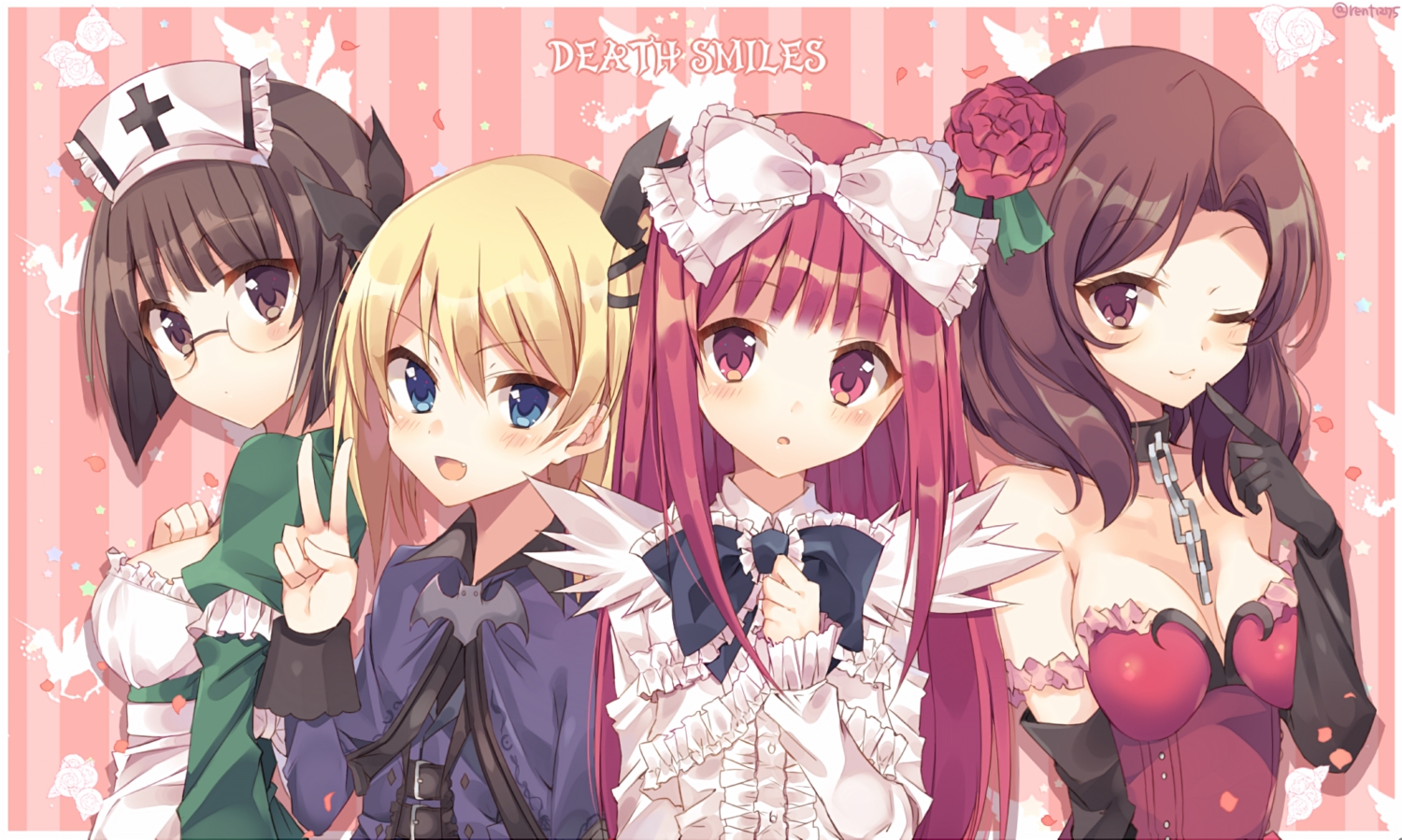 blonde_hair, blue_eyes, brown_eyes, brown_hair, death_smiles, group, pink_hair, red_eyes, rento_(rukeai), waifu2x