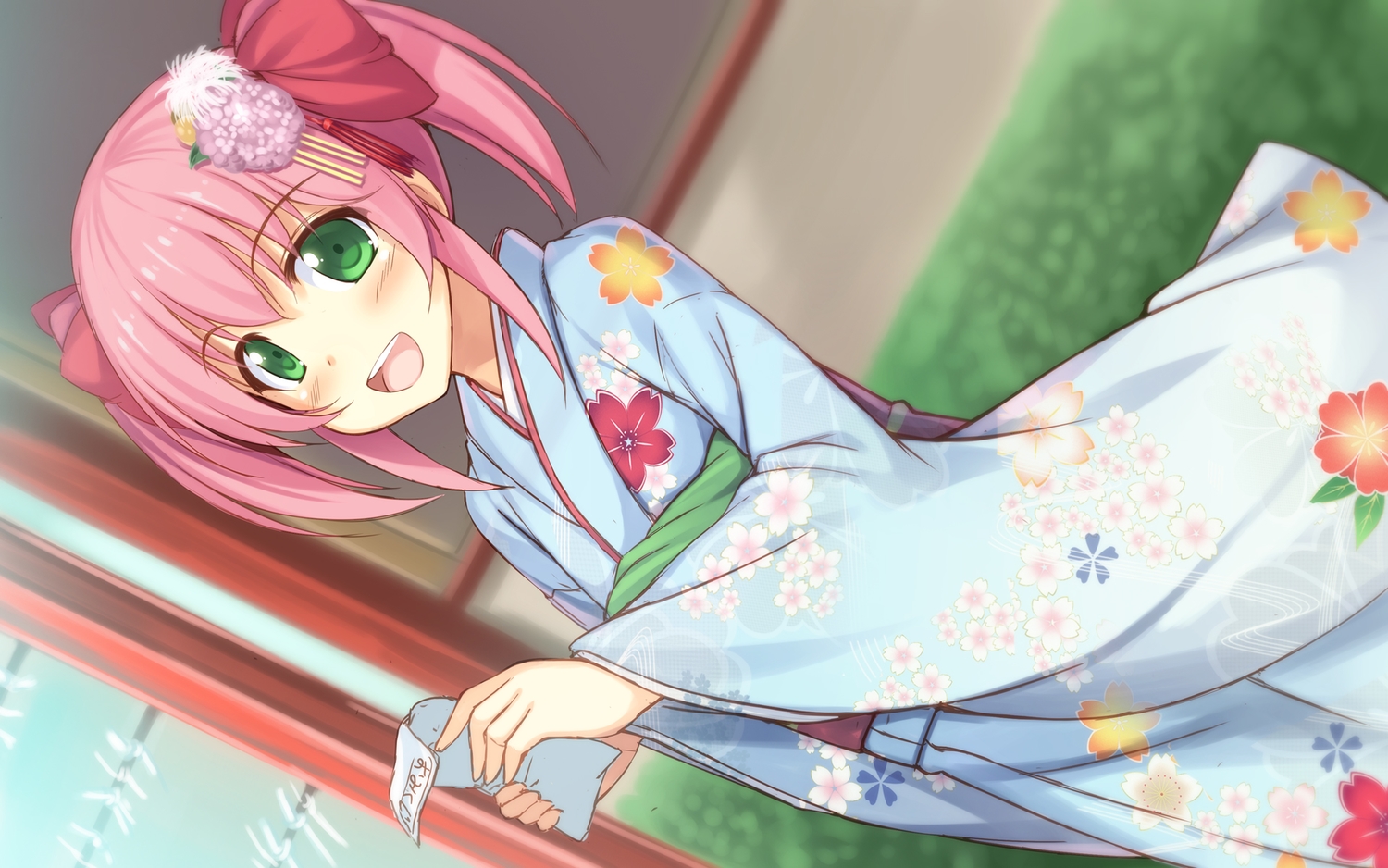 alternative_girls, green_eyes, japanese_clothes, kagetama, kimono, mano_sakurako, paper, pink_hair