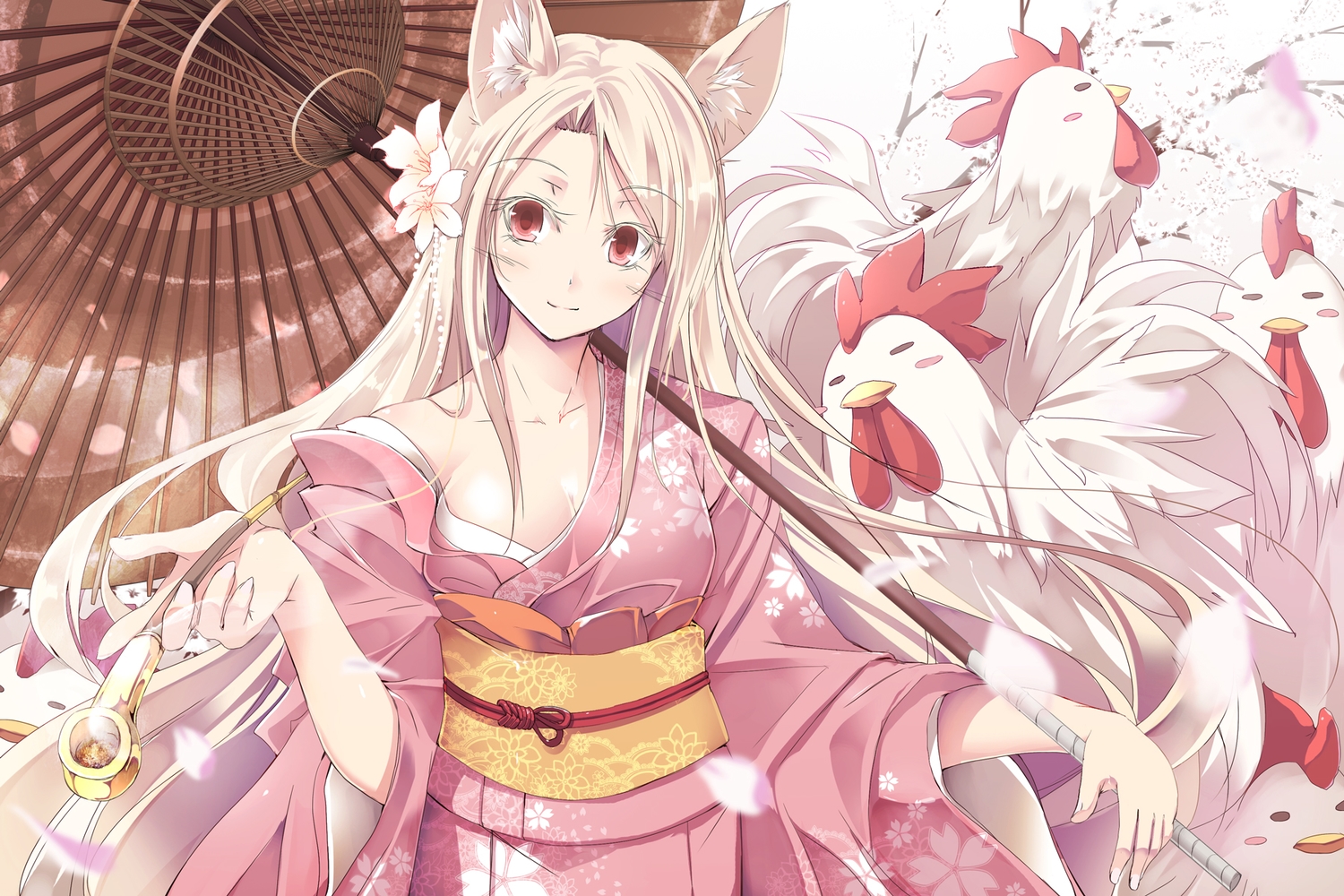 animal, animal_ears, breasts, catgirl, japanese_clothes, long_hair, original, red_eyes, satomi, umbrella, white_hair