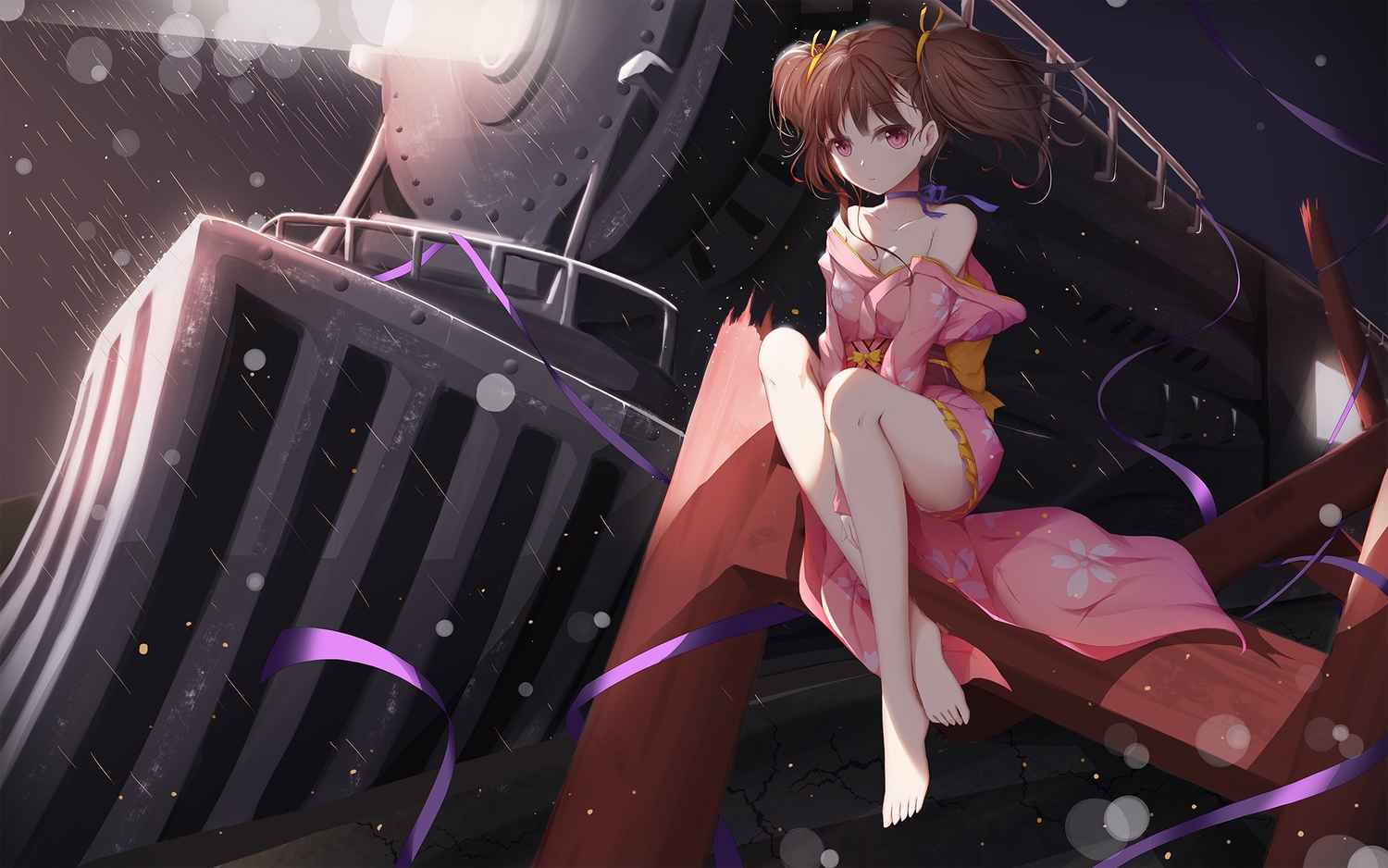 asa_ni_haru, barefoot, breasts, brown_hair, cleavage, japanese_clothes, koutetsujou_no_kabaneri, mumei_(kabaneri)