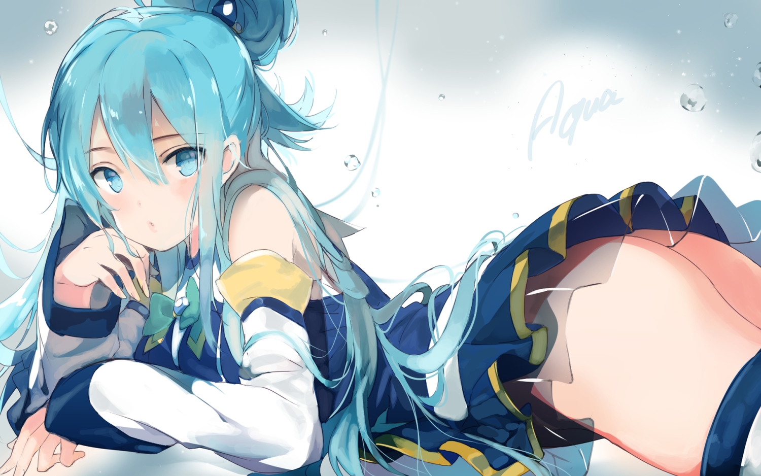 aqua_eyes, aqua_hair, aqua_(konosuba), ass, bow, dress, kono_subarashii_sekai_ni_shukufuku_wo!, long_hair, mari_(rubymaririn), signed, thighhighs, water