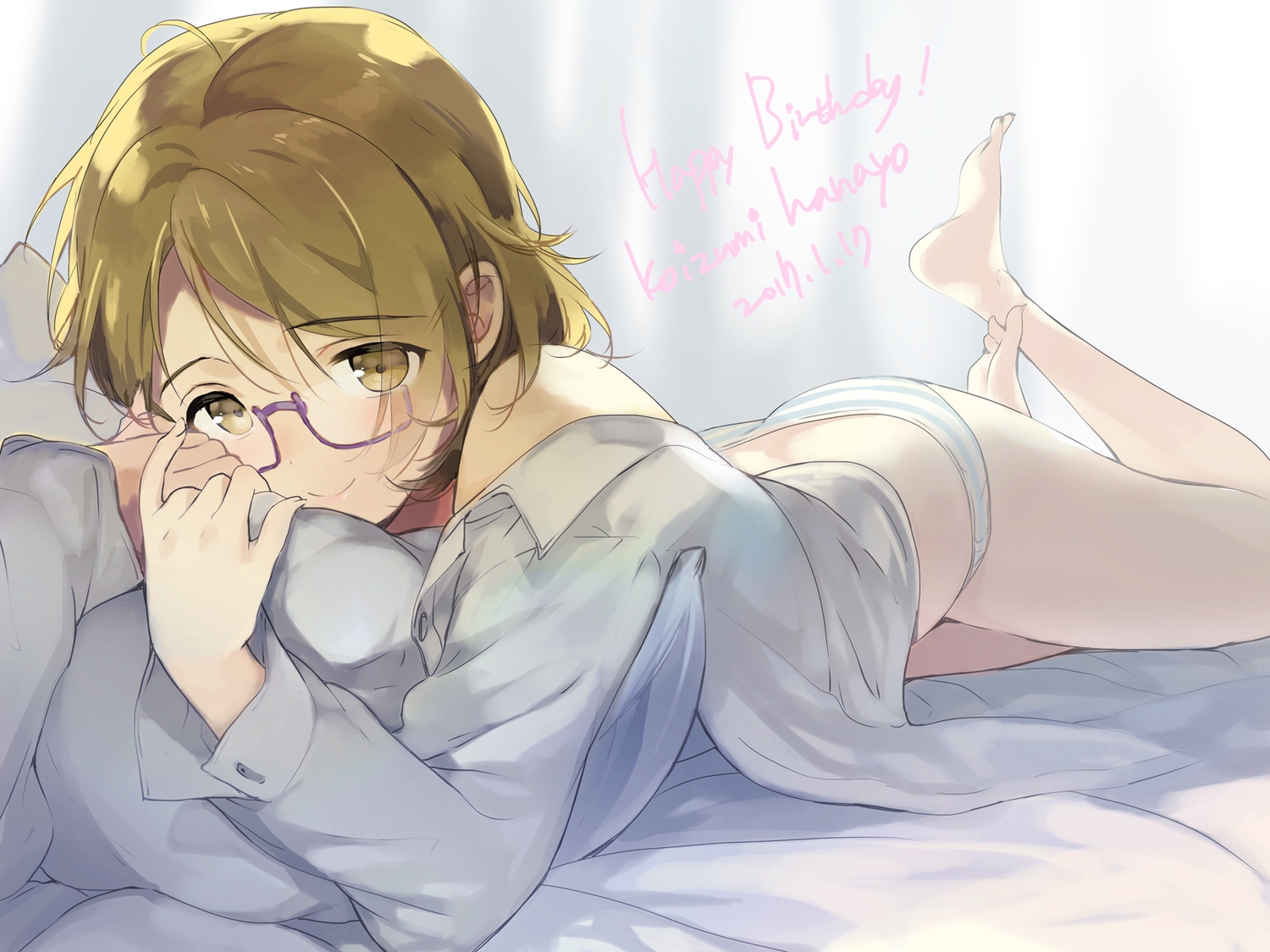 barefoot, bed, glasses, koizumi_hanayo, love_live!_school_idol_project, mari_(rubymaririn), open_shirt, panties, shirt, short_hair, striped_panties, underwear