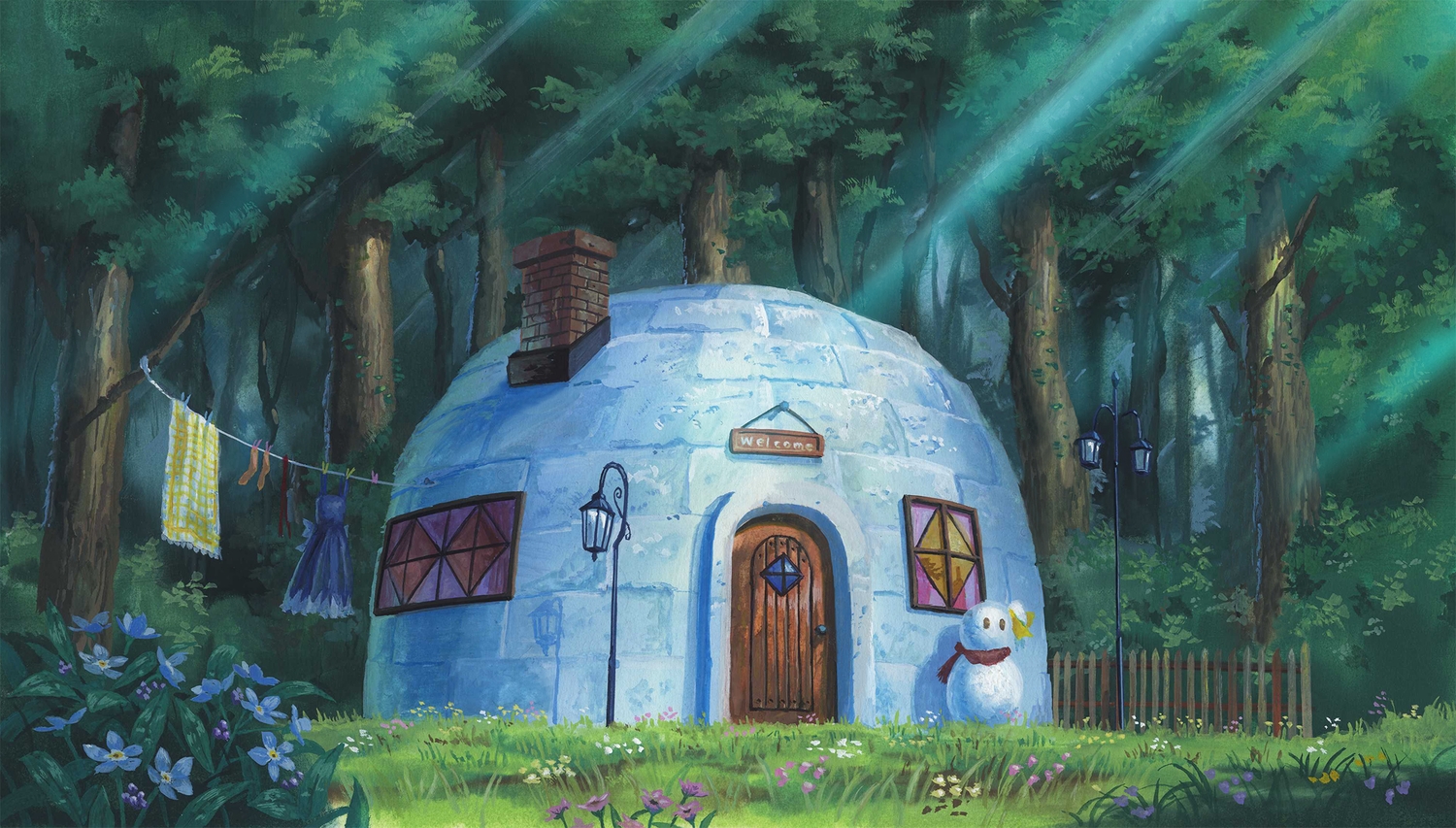 birijian, building, dress, flowers, forest, grass, no_humans, scenic, snow, snowman, socks, summer, touhou, towel, tree