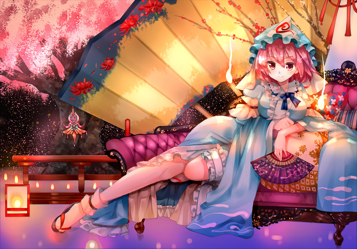 aliasing, bow, breasts, cherry_blossoms, couch, dress, fan, flowers