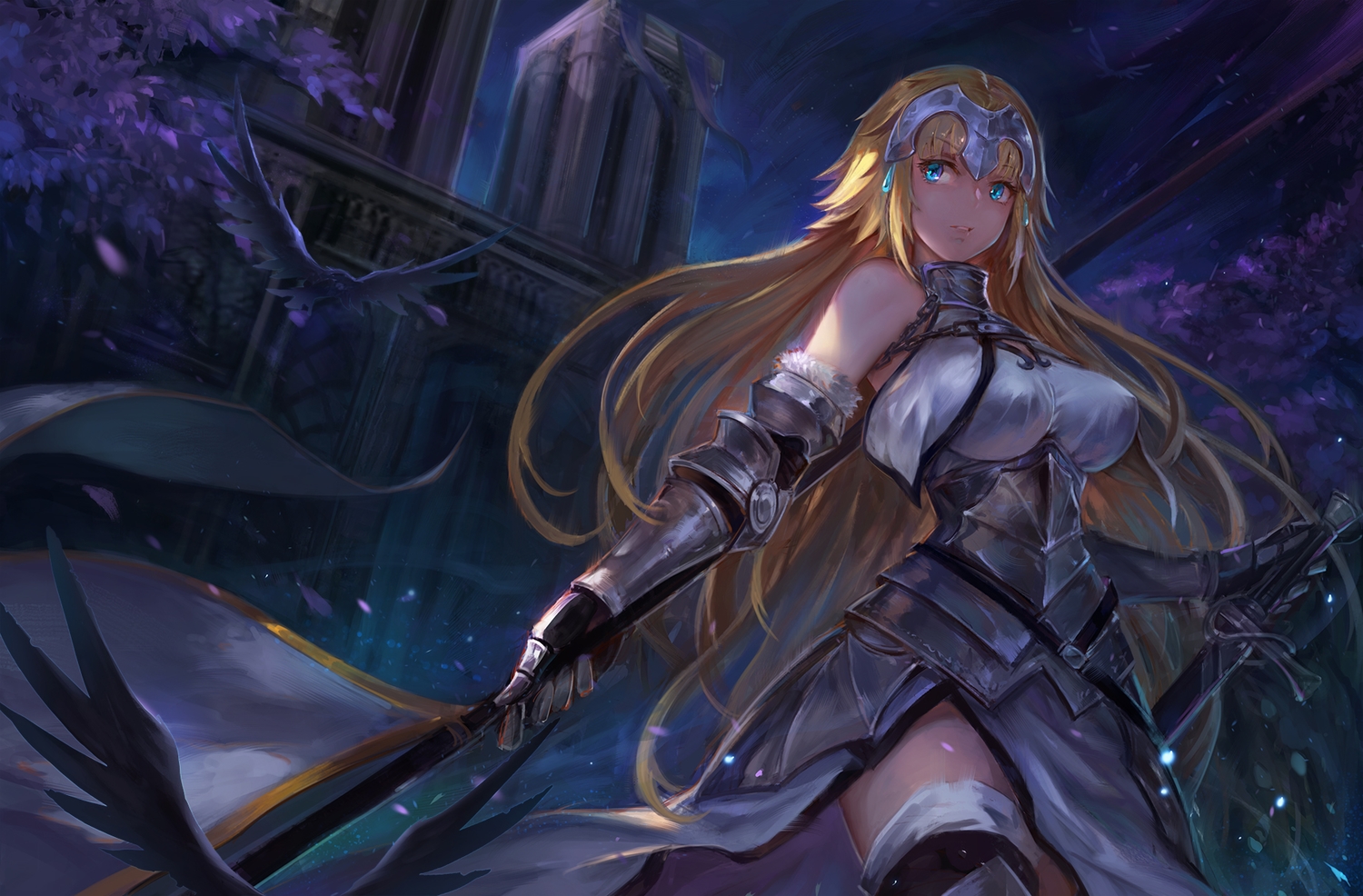 animal, aqua_eyes, armor, bird, blonde_hair, breasts, building, chain, dark, elbow_gloves, fate/grand_order, fate_(series), gloves, headdress, jeanne_d'arc_(fate), karasu_kame_ex, long_hair, petals, sword, weapon