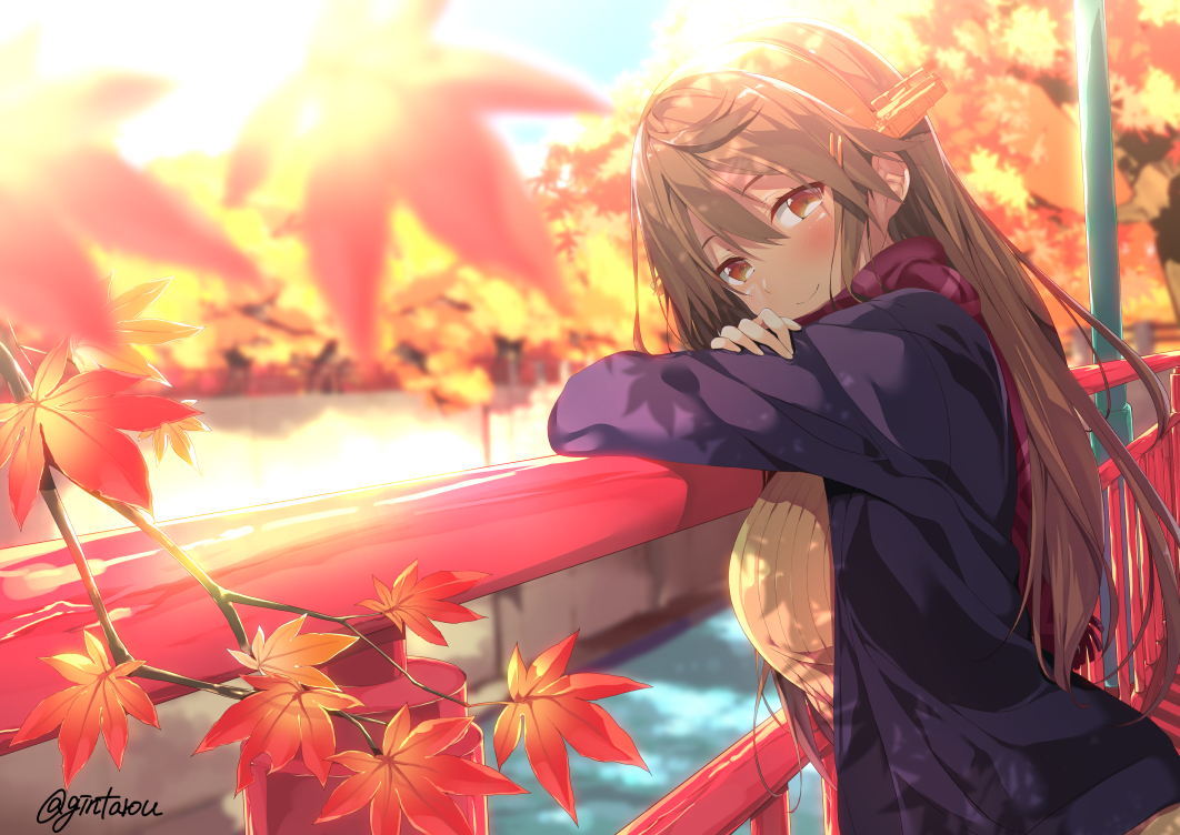 anthropomorphism, autumn, gintarou_(kurousagi108), haruna_(kancolle), kantai_collection, signed
