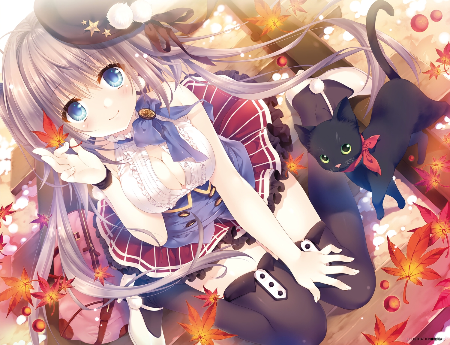 animal, aqua_eyes, autumn, blonde_hair, bow, breasts, cat, cleavage