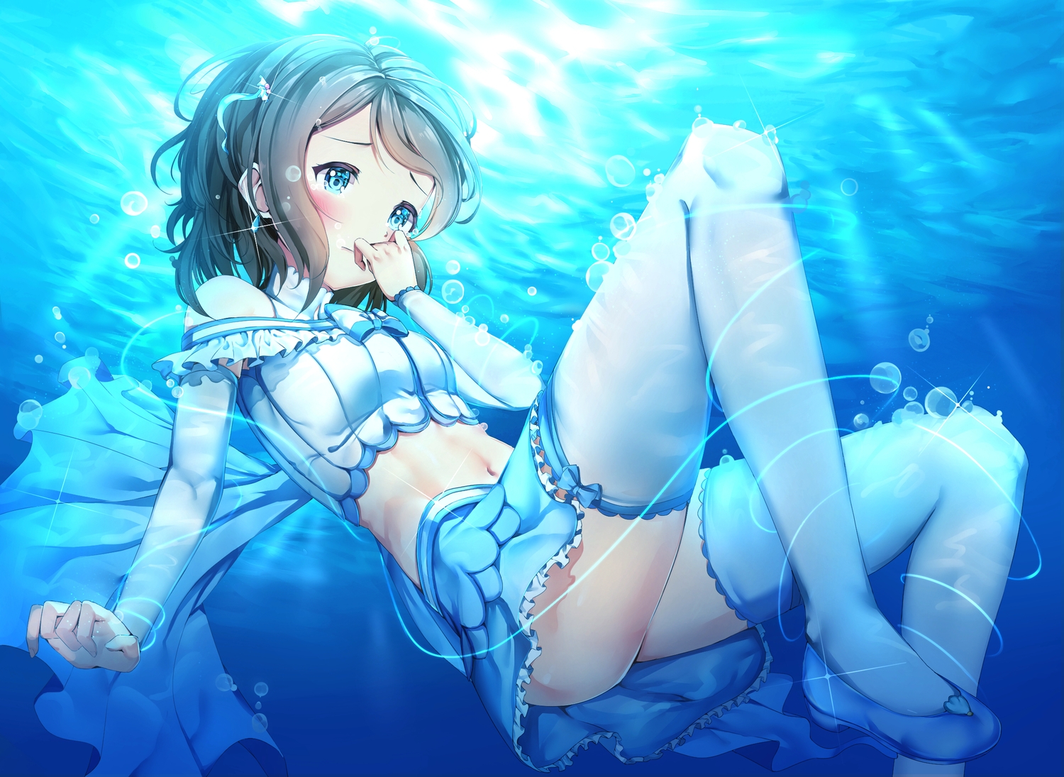 aqua_eyes, blush, brown_hair, bubbles, garter_belt, hachinatsu, love_live!_school_idol_project, love_live!_sunshine!!, navel, short_hair, skirt, underwater, watanabe_you, water