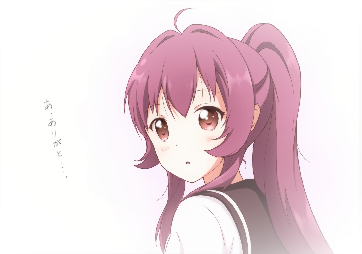 blush, brown_eyes, long_hair, ponytail, purple_hair, school_uniform, sugiura_ayano, taka-chan, white, yuru_yuri