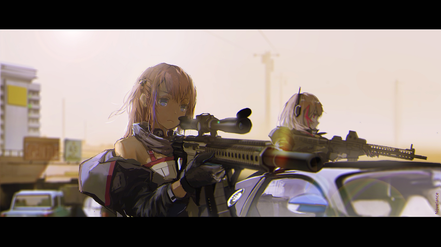 2girls, anthropomorphism, blonde_hair, building, car, girls_frontline, gloves, headphones