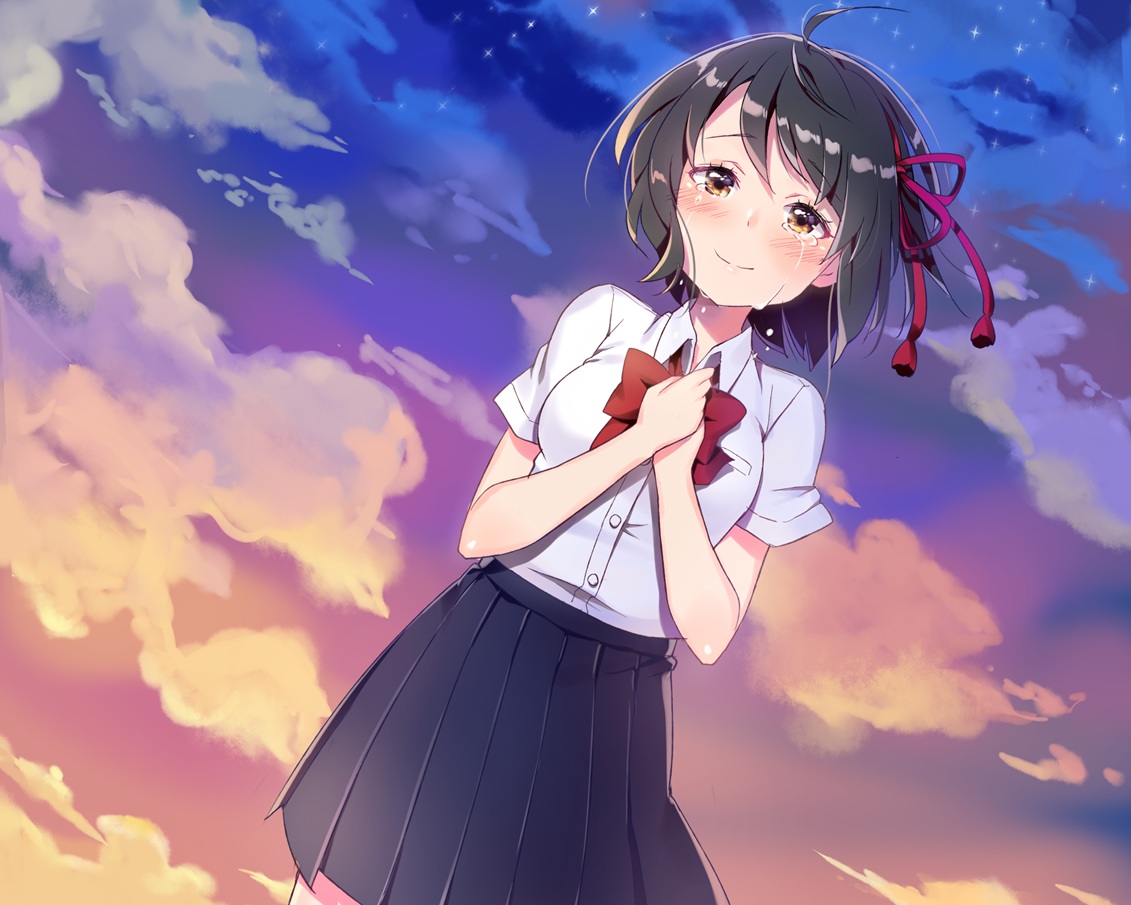 black_hair, blush, bow, brown_eyes, clouds, cropped, crying, goyain
