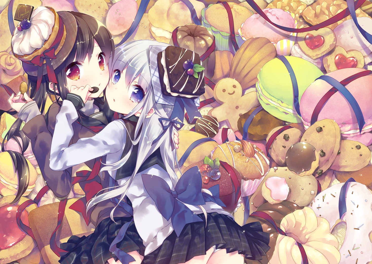 2girls, ass, black_hair, blue_eyes, brown_eyes, cake, candy, ech