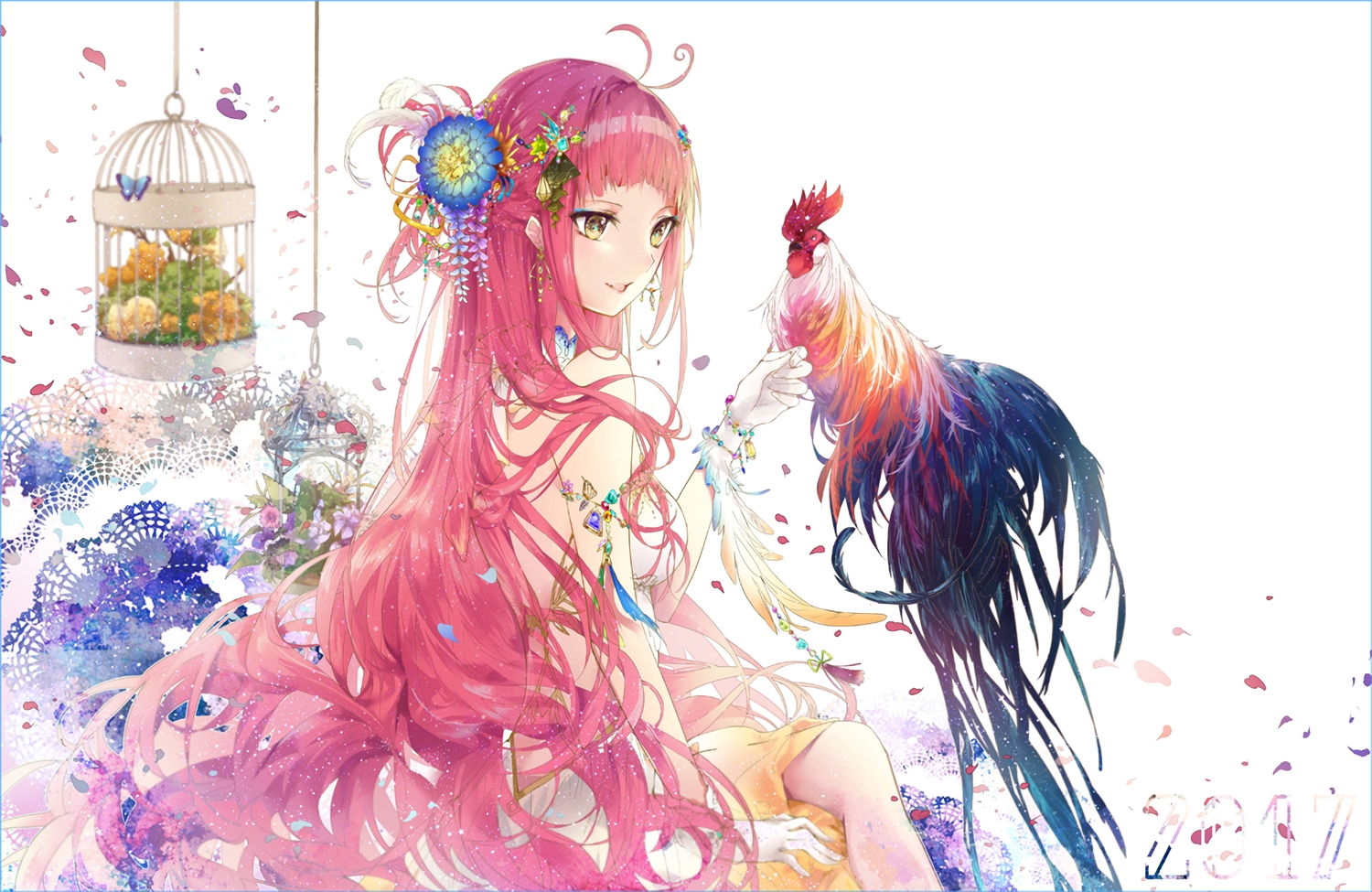 animal, bird, brown_eyes, cage, dress, flowers, gloves, kinokohime_(mican02rl)