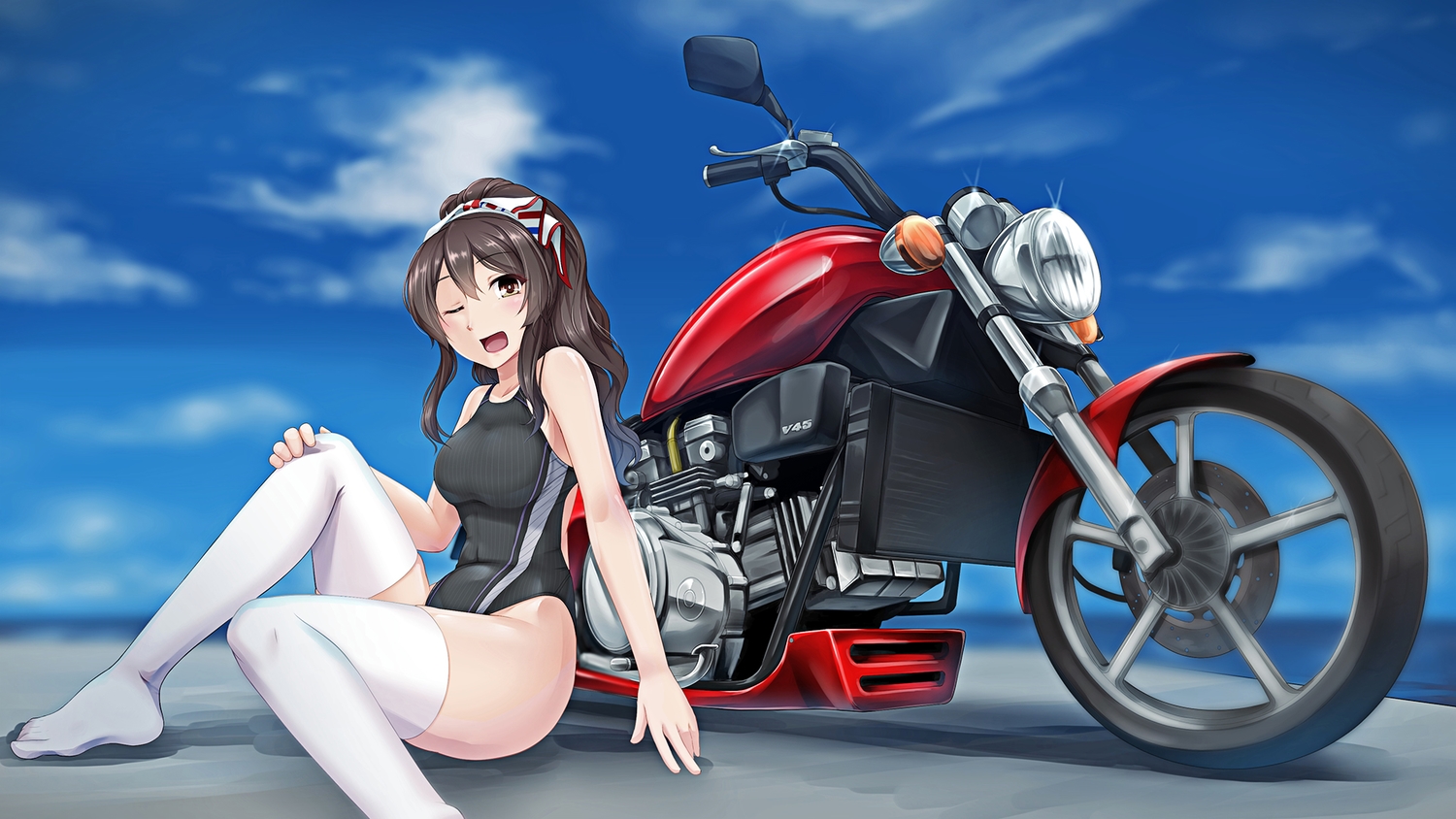 8000, anthropomorphism, ashigara_(kancolle), black_eyes, breasts, brown_eyes, clouds, kantai_collection, long_hair, motorcycle, ponytail, sky, swimsuit, thighhighs, water