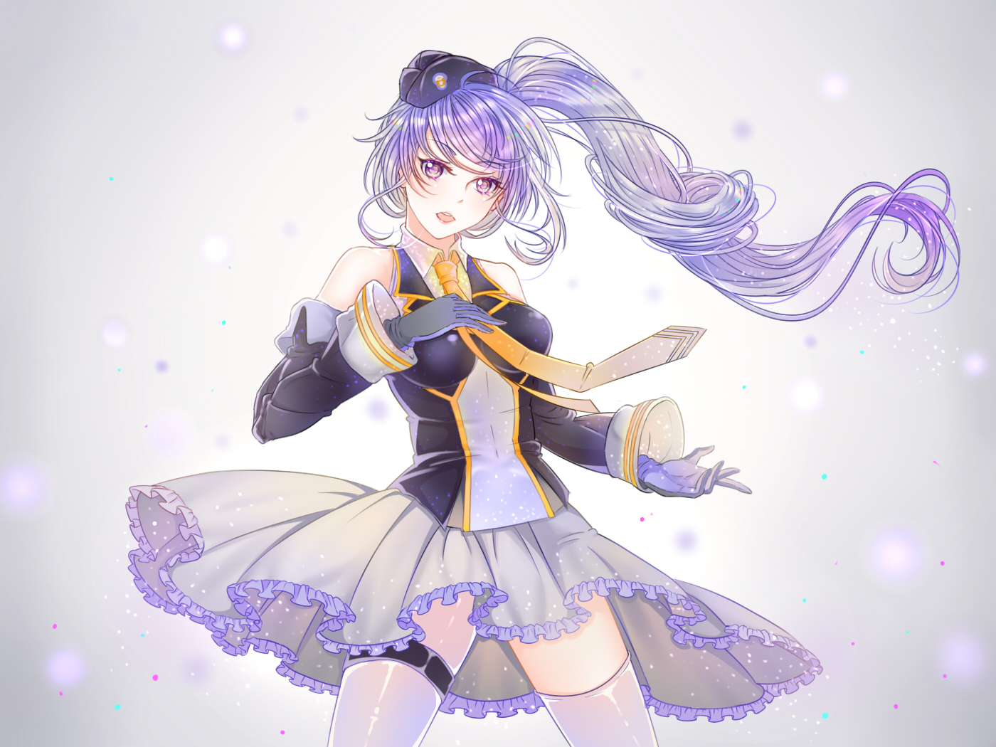 breasts, dress, gloves, long_hair, mu_anonym, pensacola_(zhanjian_shaonu), ponytail, purple_eyes, purple_hair, thighhighs, tie, zhanjian_shaonu