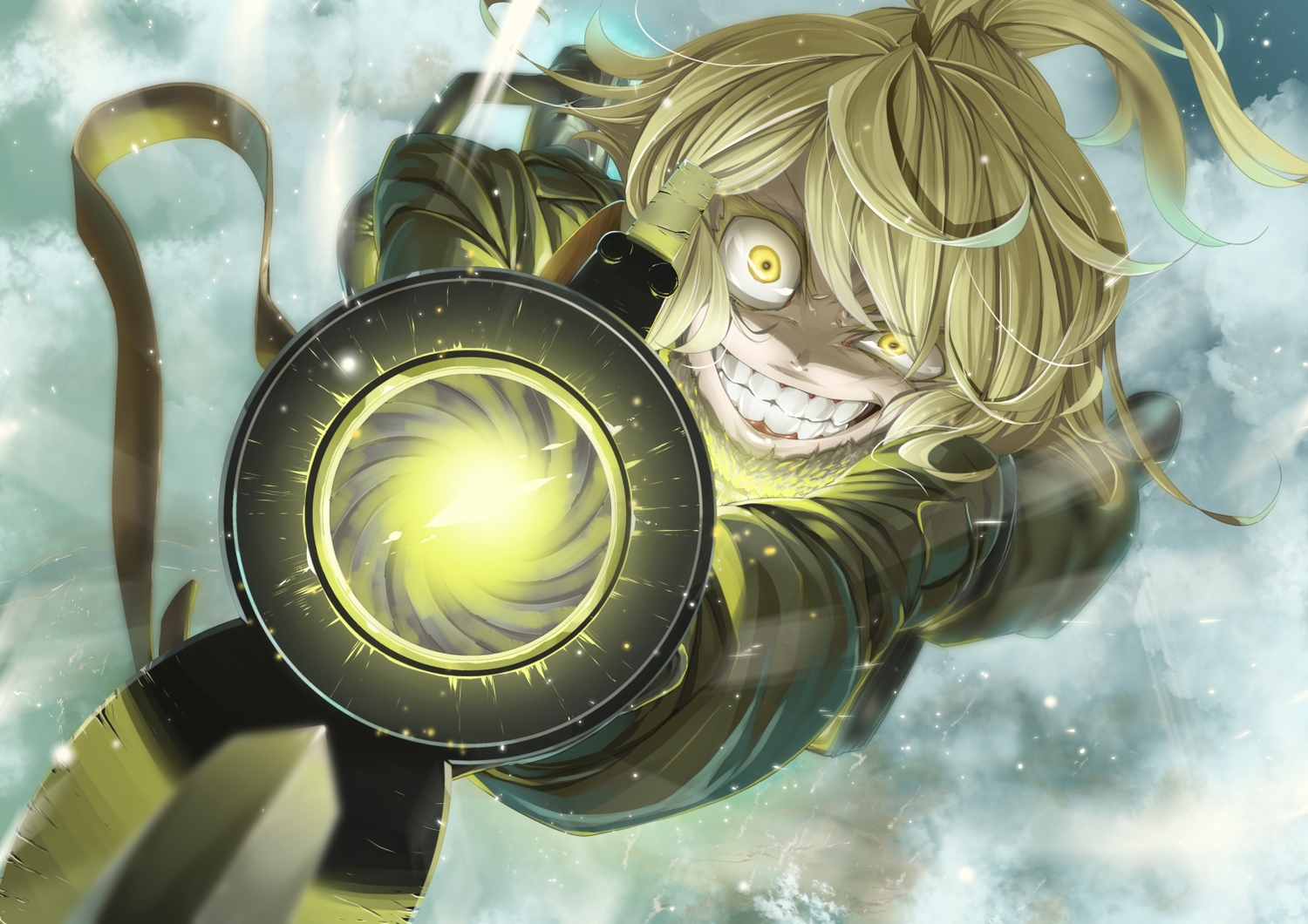 blonde_hair, clouds, ifuji_shinsen, military, short_hair, sky, tanya_degurechaff, uniform, weapon, yellow_eyes, youjo_senki