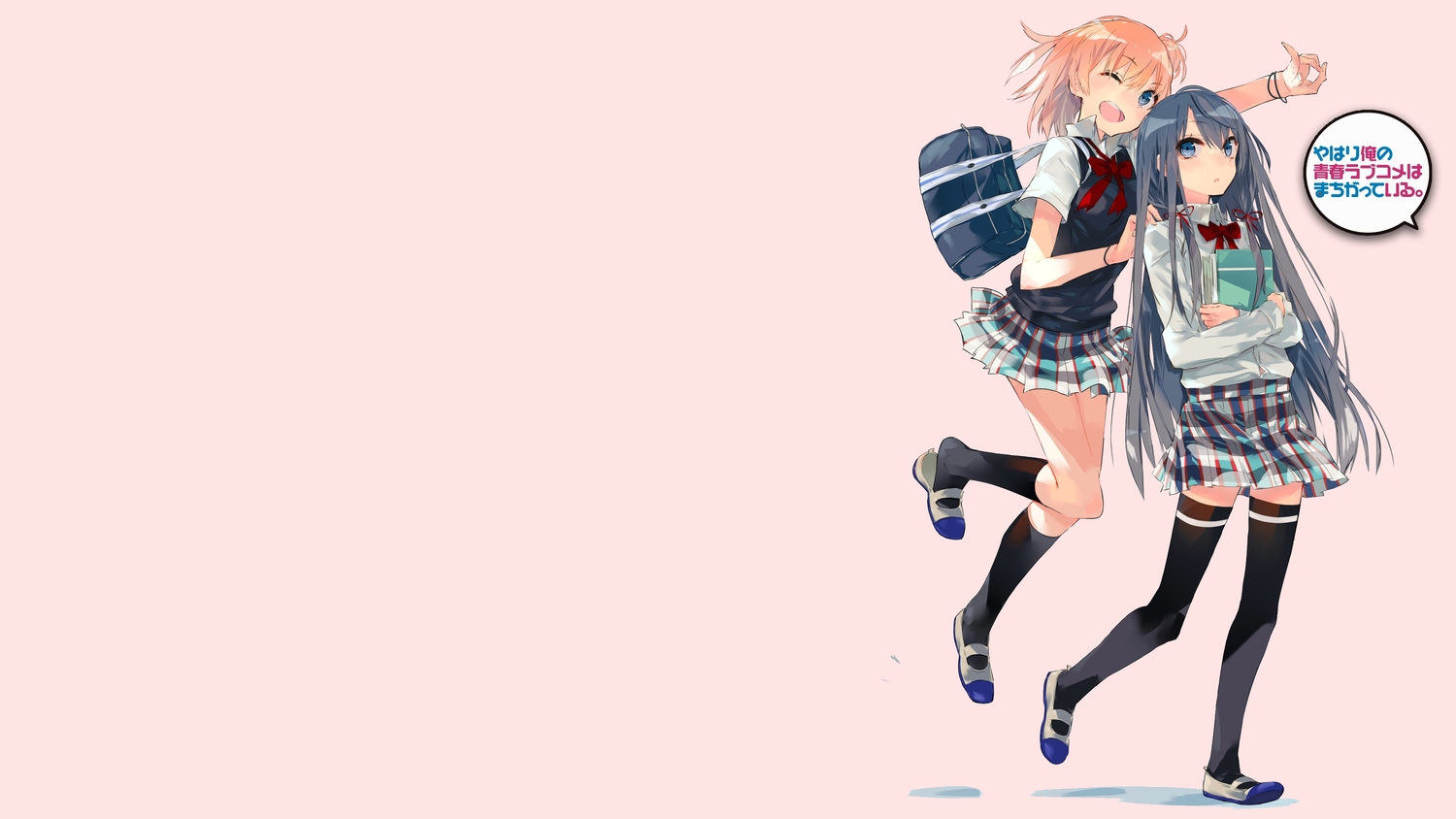 black_hair, blue_eyes, bow, jpeg_artifacts, kneehighs, long_hair, orange_hair, pink
