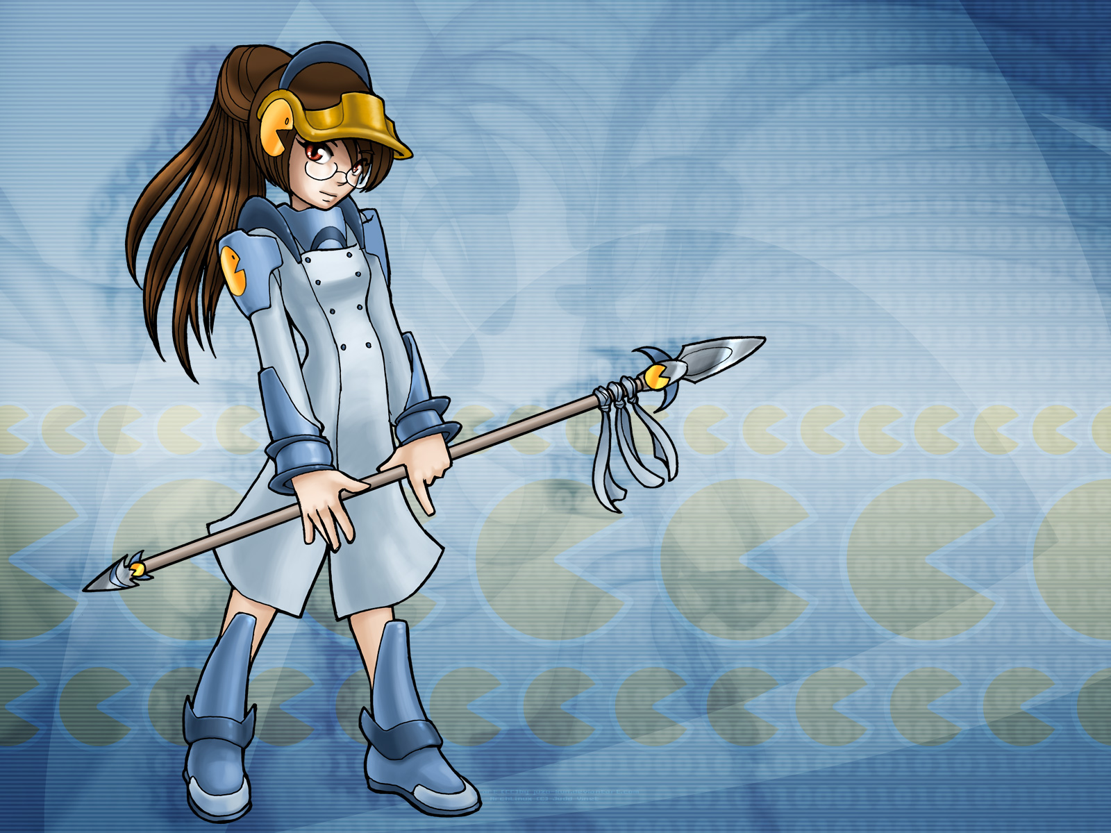 anthropomorphism, juzo-kun, linux, os-tan, pacman, spear, weapon