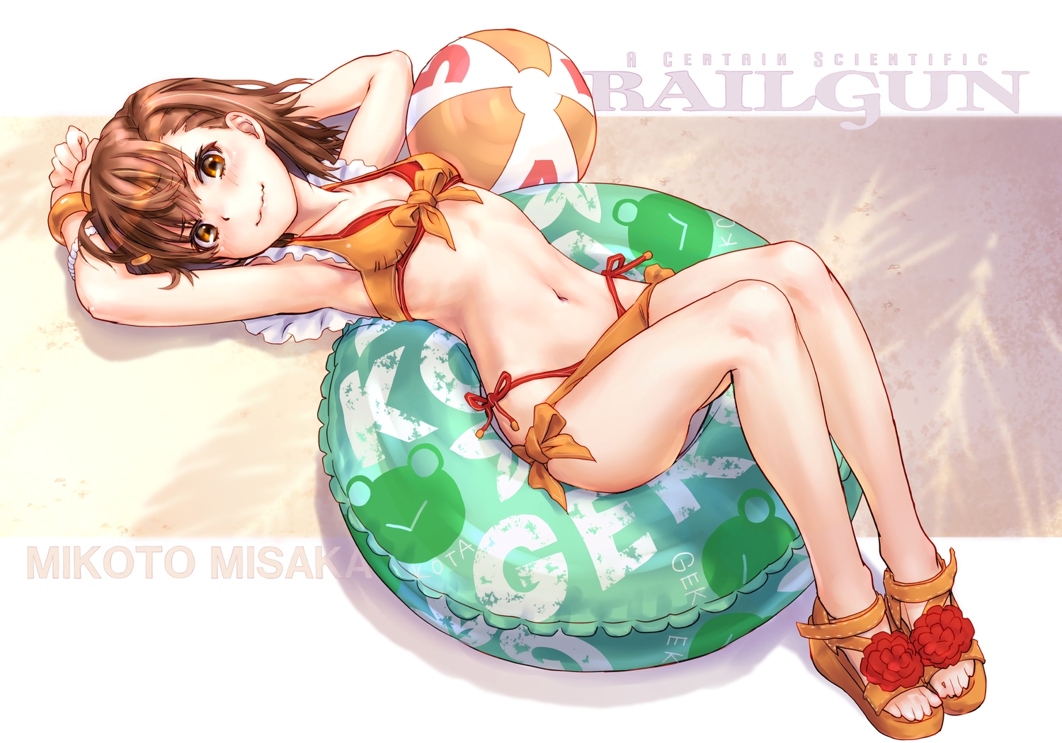 ball, bikini, blush, breasts, brown_eyes, brown_hair, misaka_mikoto, navel