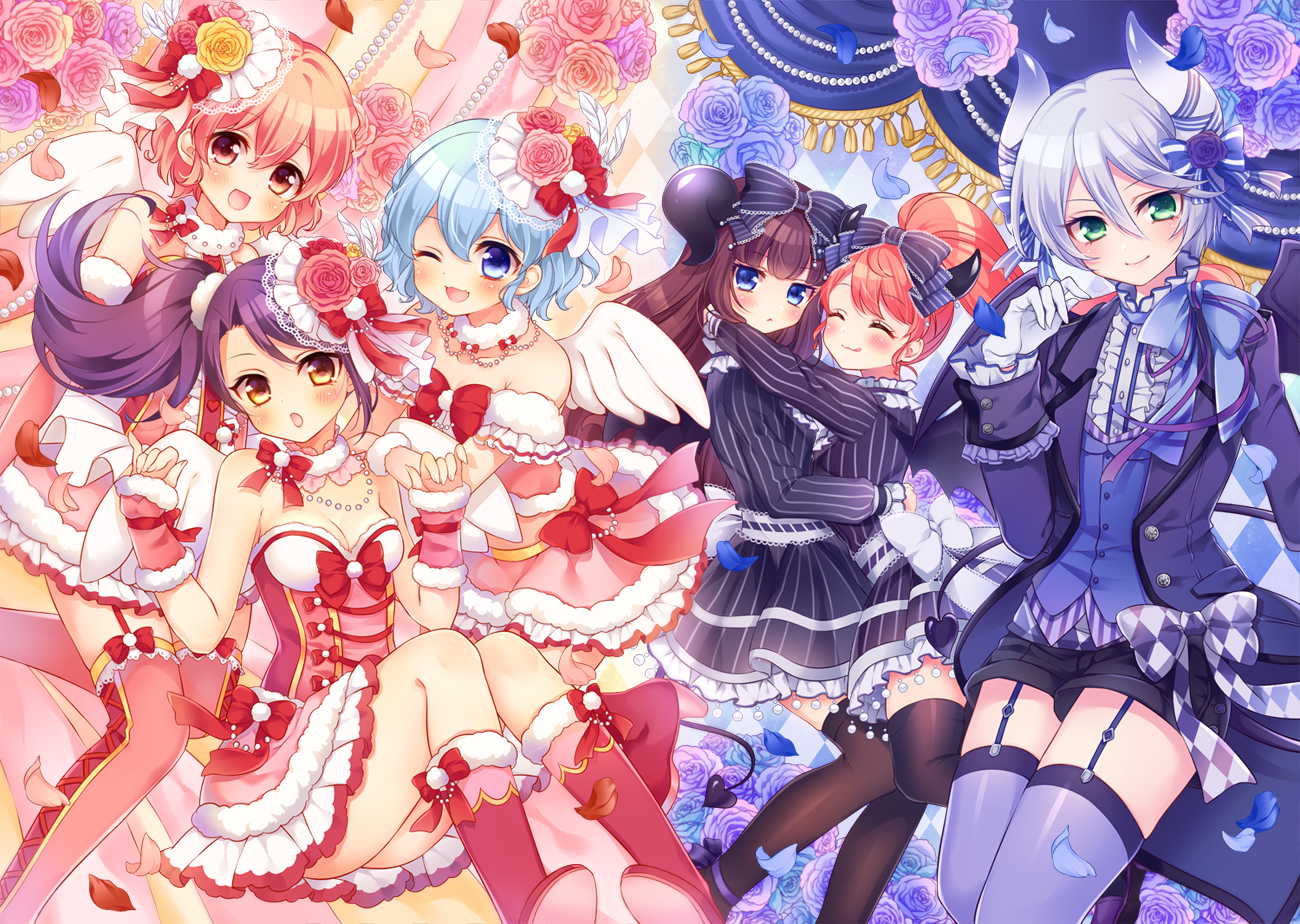 aqua_hair, blue_eyes, blush, bow, breasts, brown_hair, cleavage, dorothy_west