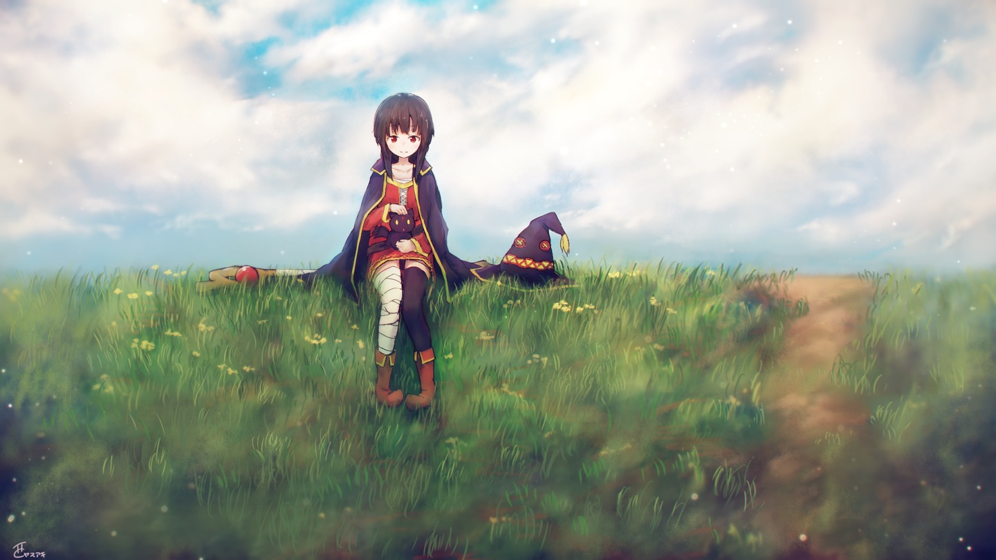 animal, bandage, boots, brown_hair, cape, cat, chomusuke, clouds, dress, grass, hat, kono_subarashii_sekai_ni_shukufuku_wo!, megumin, nishi_yasuaki, red_eyes, short_hair, signed, sky, thighhighs, weapon, witch_hat