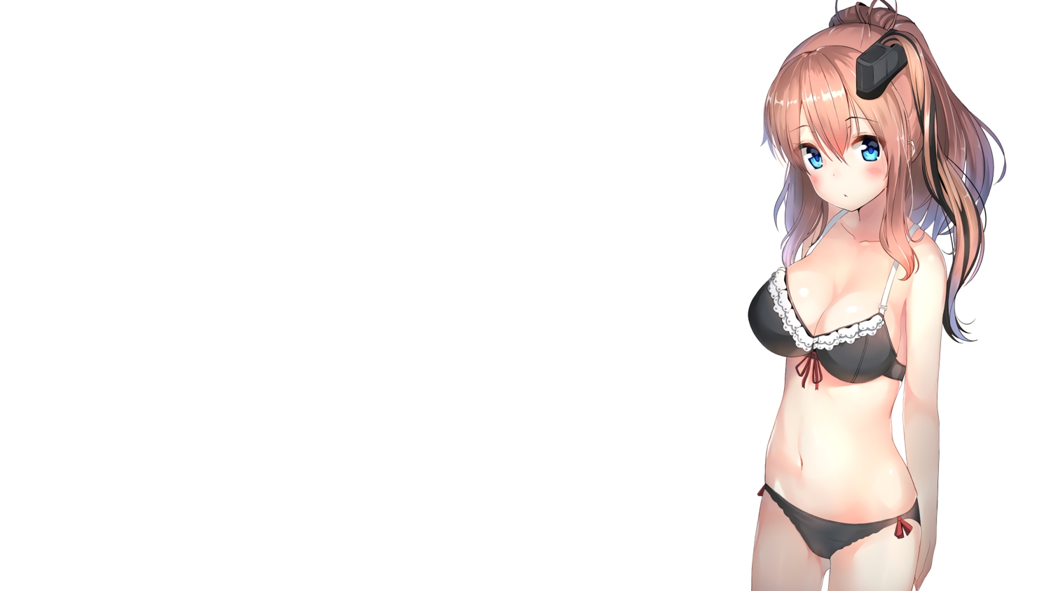 anthropomorphism, aqua_eyes, bra, breasts, brown_hair, cleavage, gin00, kantai_collection, long_hair, navel, panties, third-party_edit, underwear, uss_saratoga_(cv-3), white