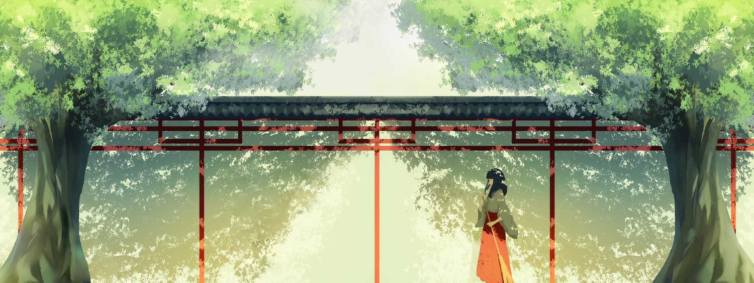 aliasing, black_hair, cjl6y5r, dualscreen, japanese_clothes, miko, original, shrine, third-party_edit, tree