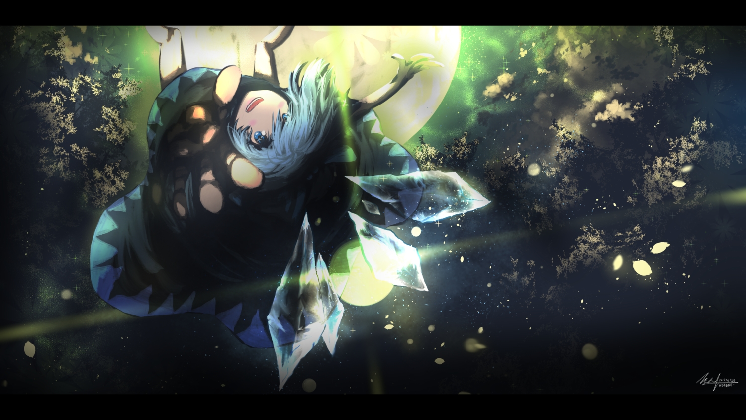 blue_eyes, blue_hair, cirno, dress, fairy, moon, petals, short_hair
