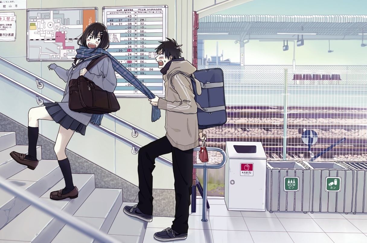 black_hair, blush, brown_eyes, building, kneehighs, male, scarf, school_uniform, short_hair, skirt, suzuki-san, takahashi_akira, tanaka_takana, train, yamada_(onigori105)