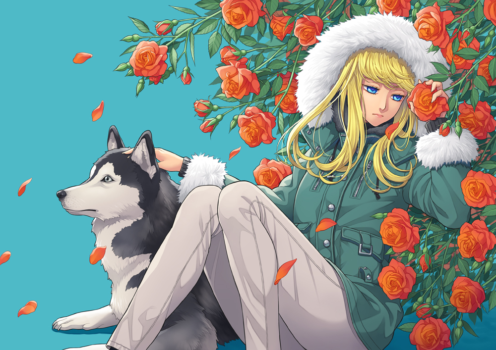 animal, aqua_eyes, blonde_hair, cyan, dog, flowers, hood, long_hair