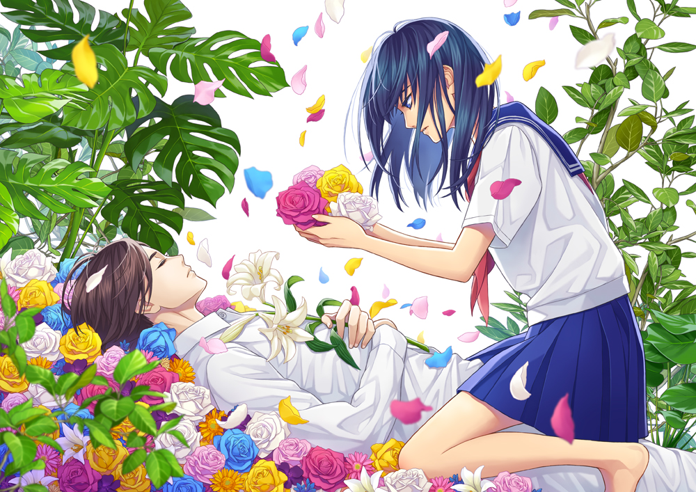 barefoot, blue_eyes, blue_hair, brown_hair, flowers, leaves, long_hair, male, minami, original, petals, rose, school_uniform, short_hair, skirt