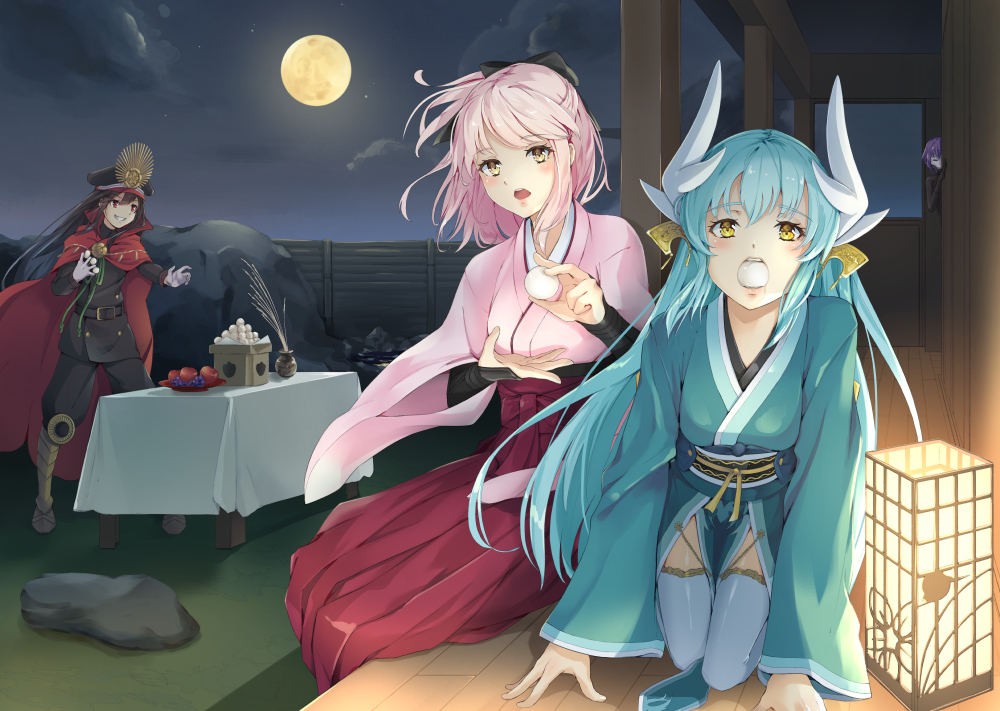 aliasing, fate/grand_order, fate_(series), food, kiyohime_(fate/grand_order), moon, nakaga_eri, night, nobunaga_oda_(fate), okita_souji_(fate)