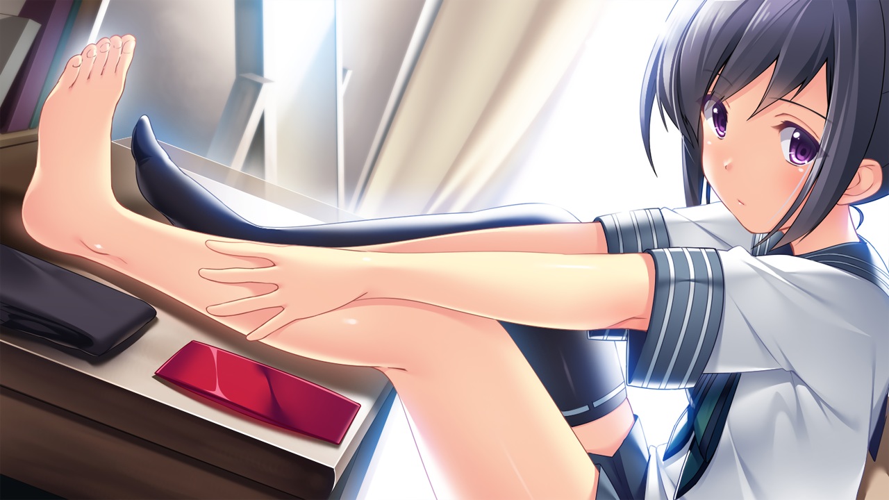 amari_miyako, barefoot, dressing, game_cg, ore_ni_kanojoga_dekitekara_imoutotachi_no_yousu_ga_okashii, school_uniform, tagme_(artist)