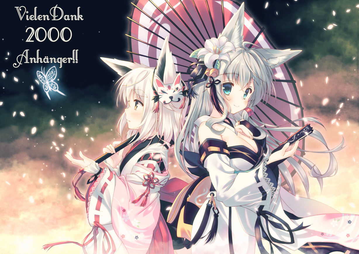 2girls, aliasing, animal_ears, aqua_eyes, blush, breasts, brown_eyes, butterfly, foxgirl, gray_hair, long_hair, mask, misaki_yuu, original, petals, short_hair, umbrella, white_hair