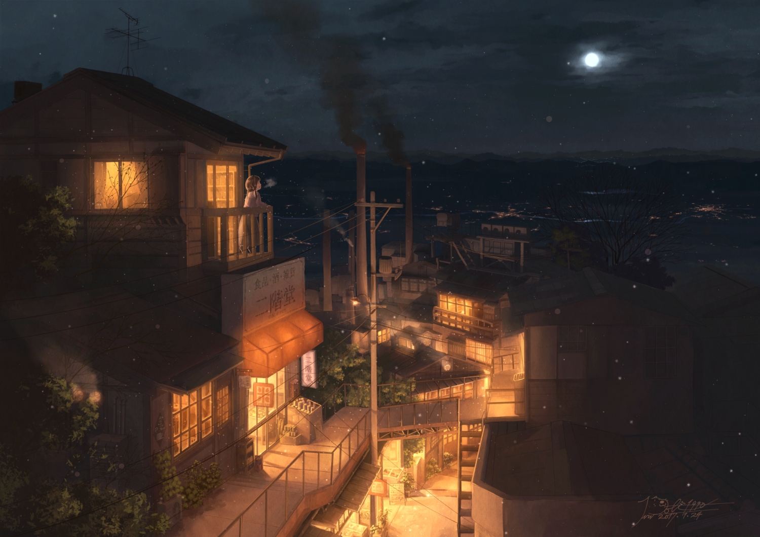 building, city, industrial, moon, night, original, pochi_(poti1990), scenic