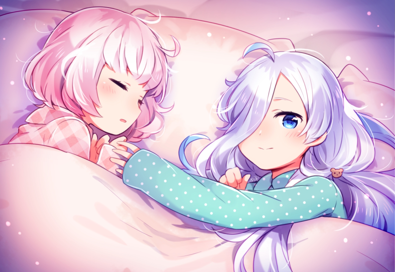 2girls, aqua_eyes, bed, blush, long_hair, moe_on_drop, original, pajamas, pink_hair, short_hair, signed, sleeping, waifu2x, white_hair