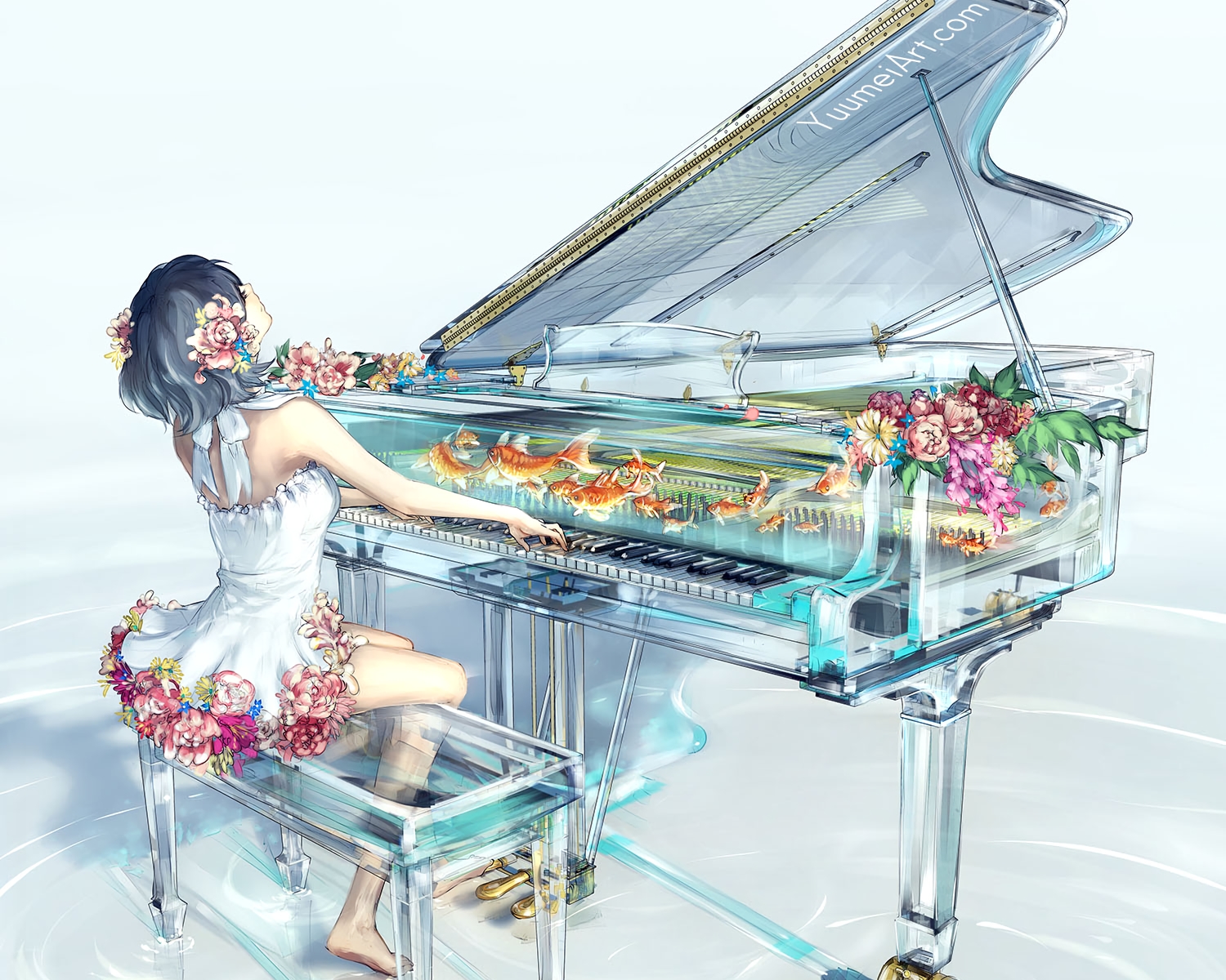 aliasing, animal, barefoot, black_hair, cropped, dress, fish, flowers