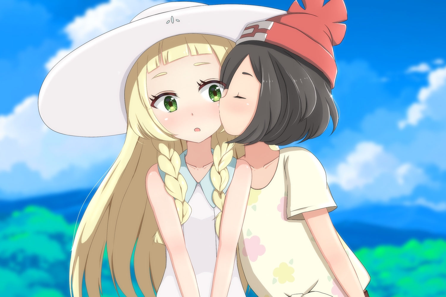 2girls, black_hair, blonde_hair, braids, clouds, green_eyes, hat, kiss, lillie_(pokemon), long_hair, mizuki_(pokemon), nekosination, pokemon, short_hair, shoujo_ai, sky