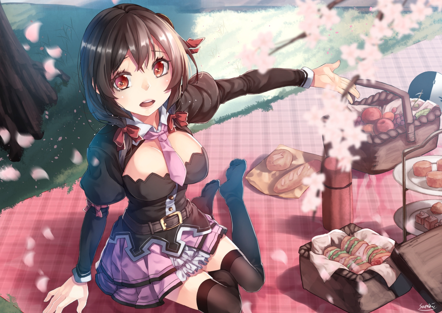 black_hair, breasts, cherry_blossoms, dress, flowers, food, grass, kono_subarashii_sekai_ni_shukufuku_wo!