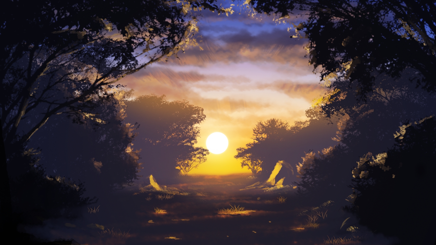 clouds, grass, landscape, no_humans, original, sasakura_momizi, scenic, sky, sunset, tree