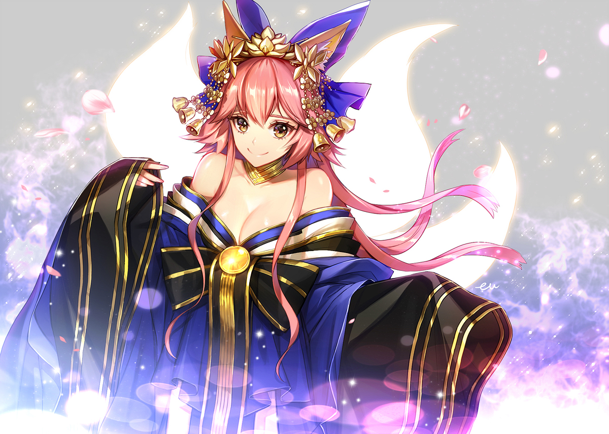 animal_ears, bell, breasts, brown_eyes, cleavage, eu_(euspia), fate/extra, fate_(series), foxgirl, japanese_clothes, long_hair, multiple_tails, petals, pink_hair, signed, tail, tamamo_no_mae_(fate)