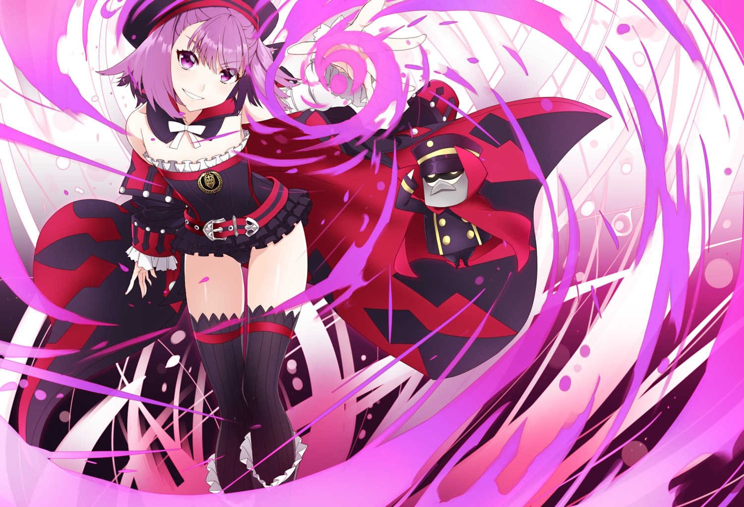 bow, fate/grand_order, fate_(series), hat, helena_blavatsky_(fate), nagidori, purple_eyes, purple_hair, short_hair, thighhighs