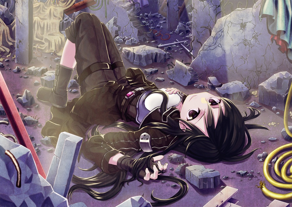 all_male, black_eyes, black_hair, boots, gun_gale_online, kirigaya_kazuto, long_hair, male, mechonke, ruins, sword_art_online