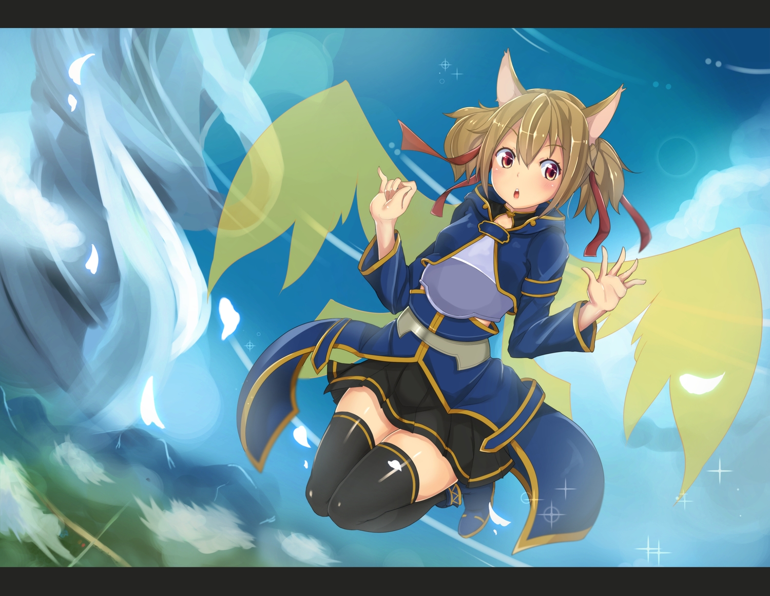 animal_ears, armor, ayano_keiko, blush, brown_hair, kogetsu_azami, petals, red_eyes, ribbons, skirt, sword_art_online, thighhighs, twintails, wings
