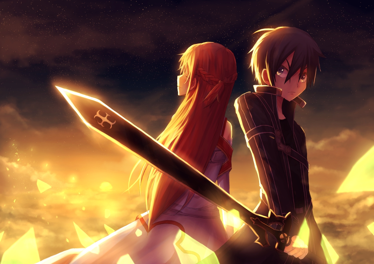 black_hair, braids, bright, brown_hair, clouds, kirigaya_kazuto, long_hair, male, short_hair, sky, stars, sunset, sword, sword_art_online, weapon, yuuki_asuna