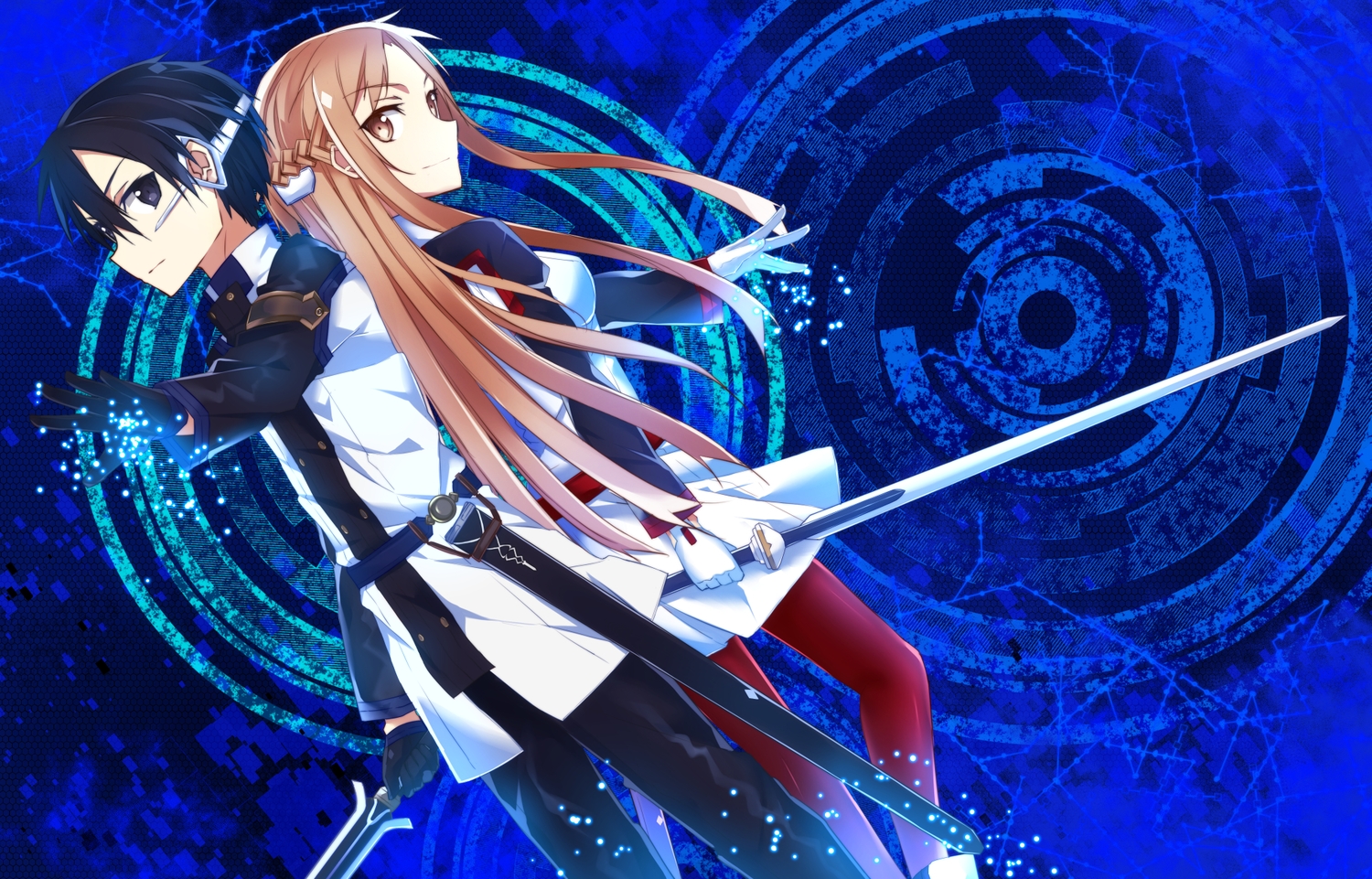 black_eyes, black_hair, braids, brown_eyes, brown_hair, dress, gloves, kirigaya_kazuto, long_hair, male, mizuna_suki, pantyhose, sword, sword_art_online, weapon, yuuki_asuna