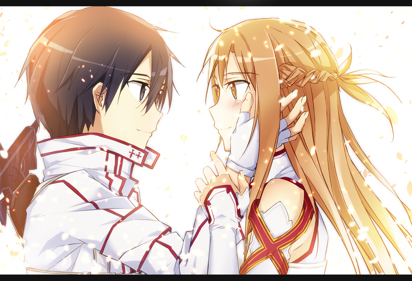 black_eyes, black_hair, blush, braids, brown_eyes, brown_hair, kirigaya_kazuto, long_hair, male, mizuna_suki, petals, sword_art_online, yuuki_asuna