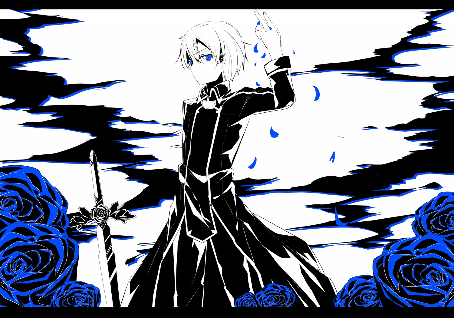 aliasing, all_male, blue_eyes, eugeo, flowers, male, mizuna_suki, petals