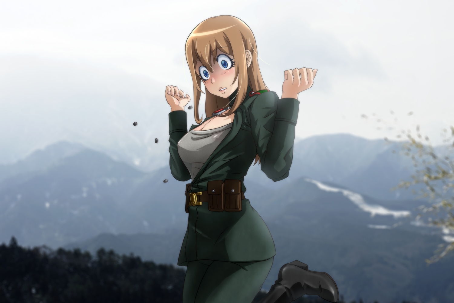 blonde_hair, blue_eyes, genya67, no_bra, open_shirt, sky, uniform, viktoriya_ivanovna_serebryakov